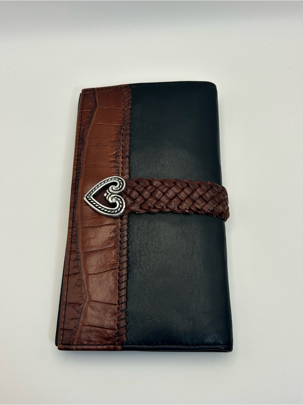 Brighton Two-tone Leather Braided Wallet Black Brown Silver Plated Heart Vintage - Picture 12 of 13